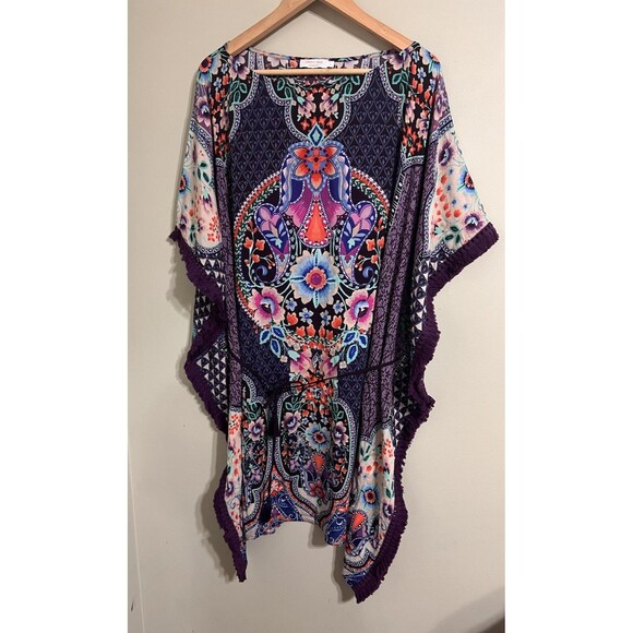 Johnny Was Saba Tunic Dress Coverup Purple Floral Fringe Kaftan Boho Chic size L - Picture 2 of 10
